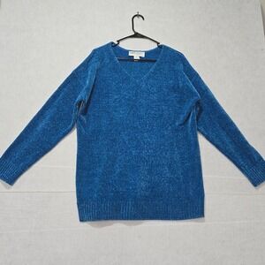 R#37 Easy Essentials Blue Chenille V Neck Long Sleeve Sweater Plus Size 1X